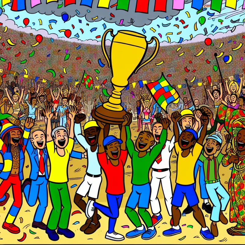 Vrolijke cartoonfiguren vieren hun overwinning in een sportwedstrijd met een trofee, vlaggen en confetti.