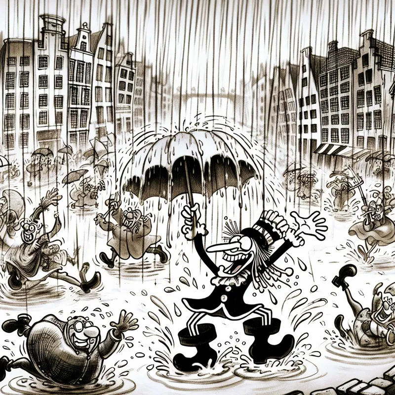 Een kleurrijke cartoonweergave van een stortbui met karakters die in plassen spetteren en onder een omgekeerde paraplu schuilen.