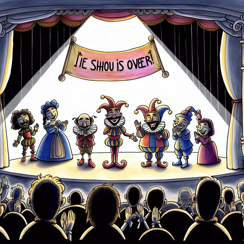 Cartoonish theater scene with colorful characters taking bows on stage, spotlight on banner saying 'De voorstelling is afgelopen'