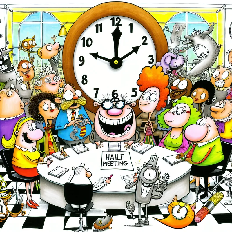Een cartoonachtige scene met gelukkige personages rond een klok die half negen aangeeft, terwijl een van hen enthousiast aankondigt dat de vergadering begint.