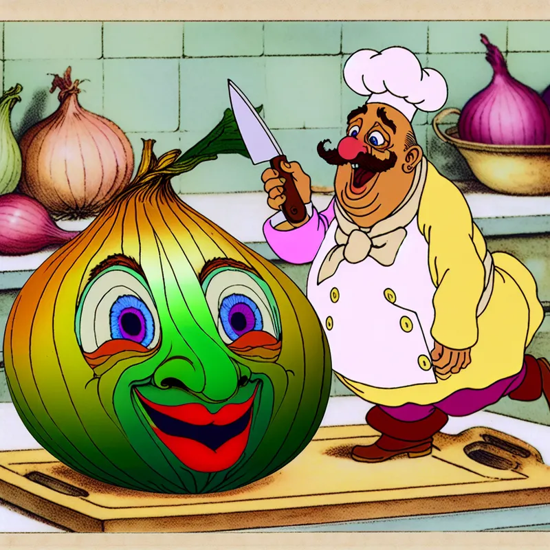 Een cartoon ui met een expressief gezicht, staand op een snijplank in de keuken, met kleurrijke lagen die dramatisch worden afgepeld.