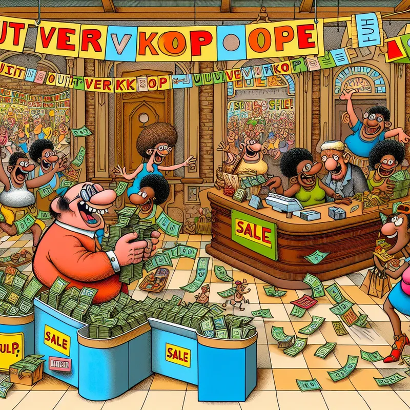 Een levendige cartoon-achtige scène met een drukke winkel tijdens een uitverkoop, waarin kleurrijke spandoeken het woord 'Uitverkoop' aankondigen