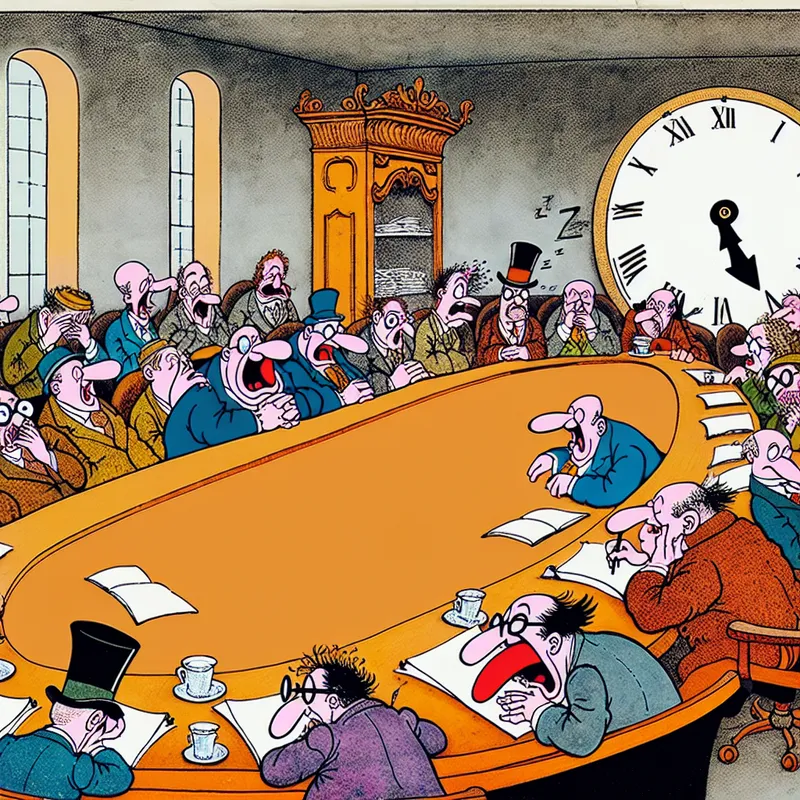 Karikaturale weergave van een vermoeiende vergadering in een grote conferentiezaal, met cartoonpersonages die moe kijken en een grote klok op de muur.