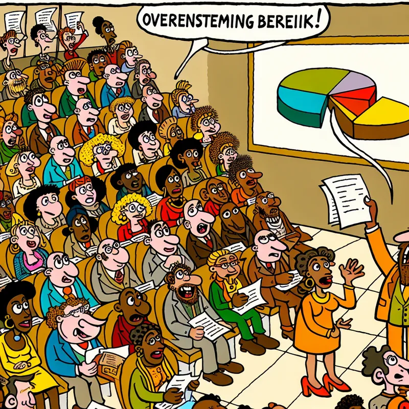 Een cartoonachtige afbeelding van een groep levendige karakters in een vergaderzaal, waarbij een karakter enthousiast een voorstel presenteert met papieren in de hand.