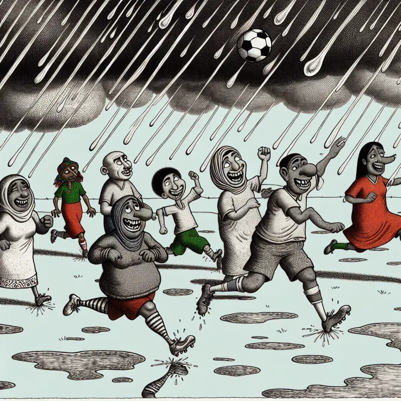 dynamische cartoon voetbalwedstrijd in de regen