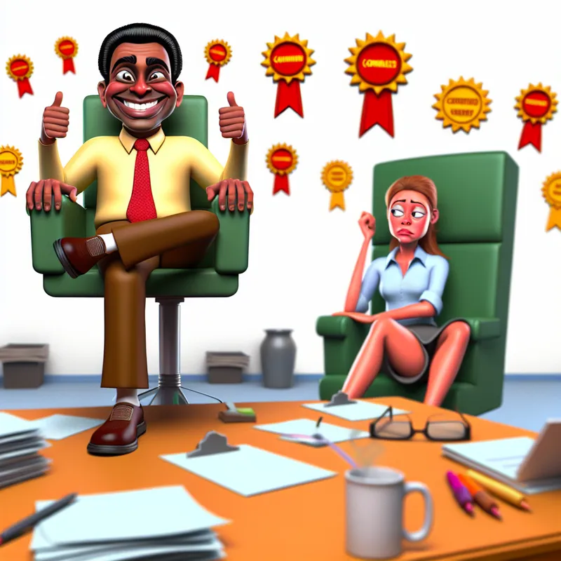 Cartoon stijl afbeelding van twee werknemers aan een bureau, één op een verhoogde stoel en de ander op een lage kruk, met emoties die rang en waardering weergeven.