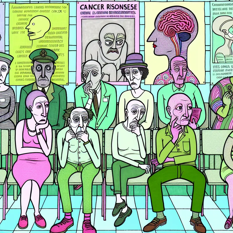 Cartoonachtige afbeelding van een ziekenhuiswachtkamer met expressieve personages die de emotionele uitdagingen van het omgaan met kanker weergeven.