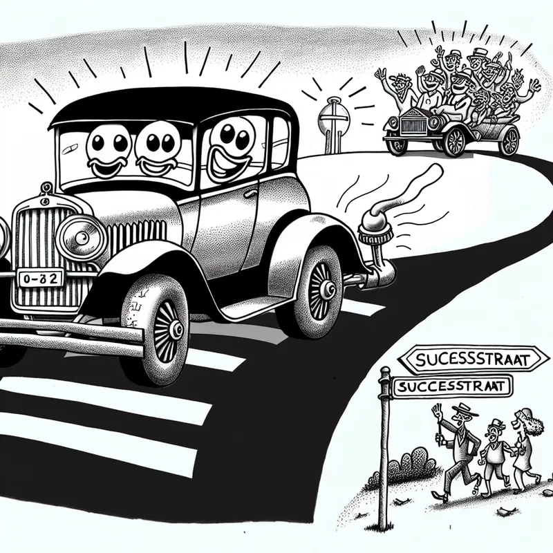 Cartoonachtige illustratie van een oude maar goed onderhouden auto met lachende koplampen en een kwispelende uitlaat