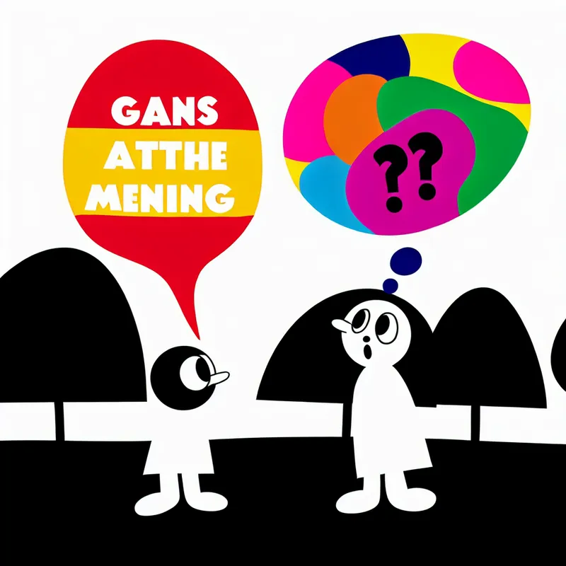 Een illustratie van twee cartoonfiguren in een kleurrijk landschap, de ene houdt een spraakballon met 'gans andere mening' en de andere kijkt verrast met een gedachteballon vol vraagtekens.