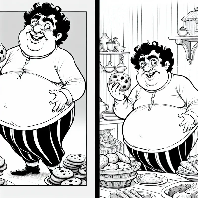 Een vrolijke cartoonfiguur die aankomt in gewicht, met een grote koek in de hand en snakt naar lekkernijen in een gezellige keuken.