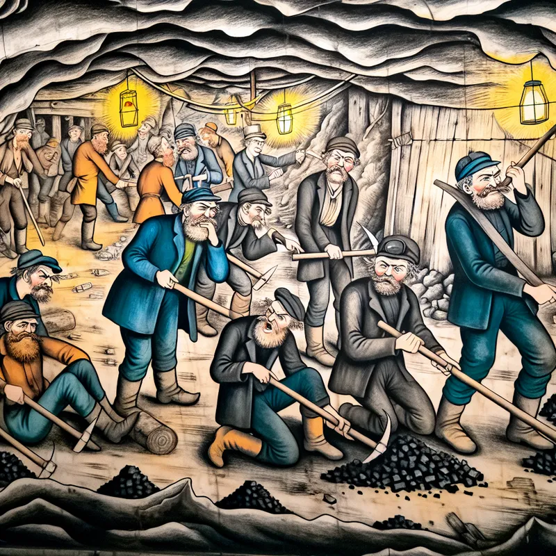 Cartoonachtige mijnwerkers in een ondergrondse mijn die kolen delven