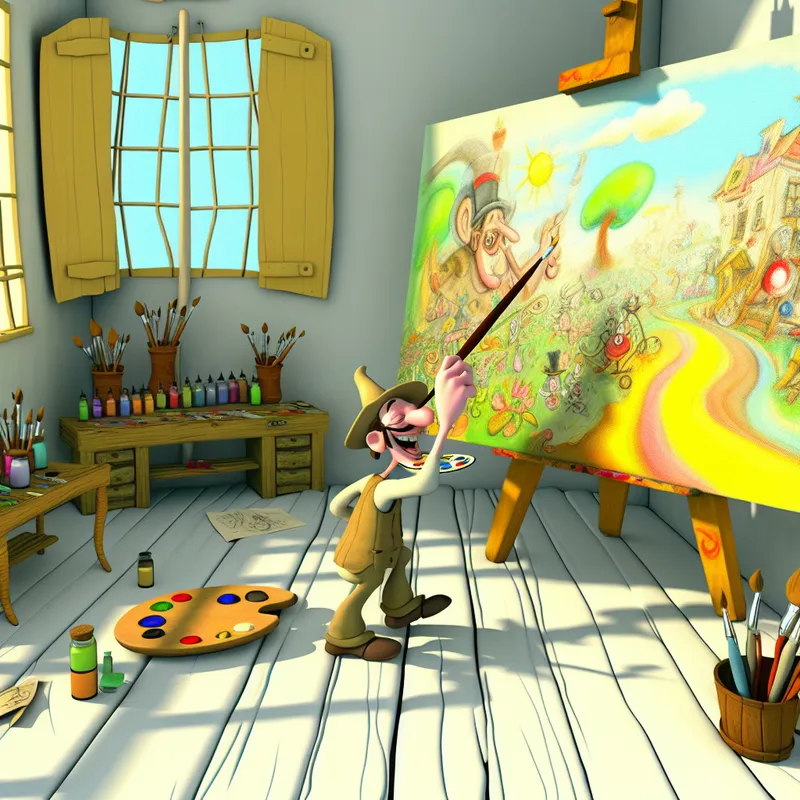 Een cartoonachtige kunstenaar schildert enthousiast in een kleurrijke studio met veel kunstbenodigdheden om hem heen.