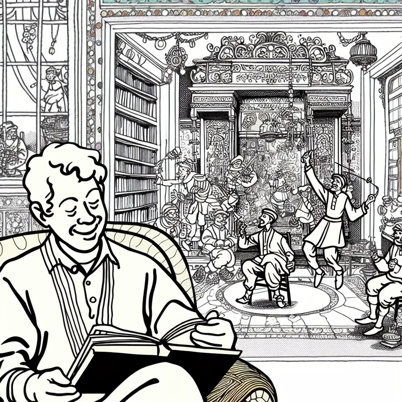 Cartoonachtige scène van iemand die het boek 'Deel 2' leest in een gezellige kamer met personages uit de serie
