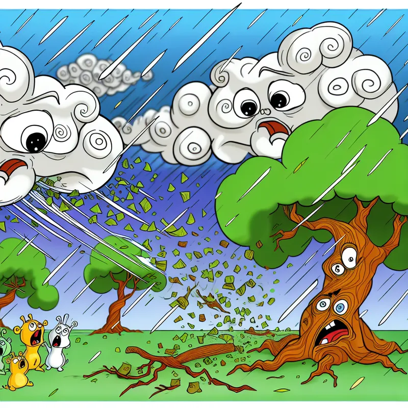 Een cartoonachtige scène van een storm met felle wind en regen die takken van bomen afbreekt, met verraste dieren die de chaos aanschouwen.