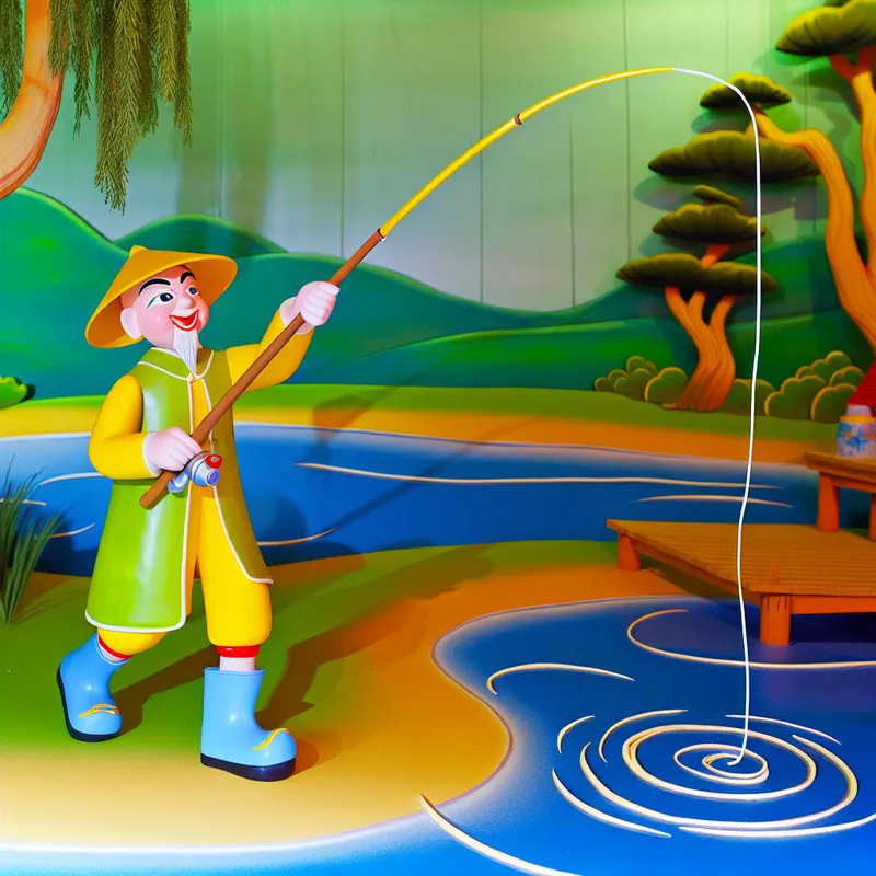 Vrolijke cartoonvisser die een vislijn uitwerpt in een rustig meer, in de stijl van Marten Toonder