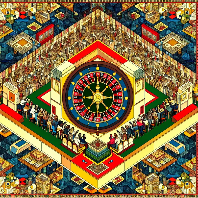 Een levendige casino scène met een kleurrijke roulette tafel en enthousiaste spelers, gekenmerkt door Escher-achtige geometrische patronen op het roulettewiel.