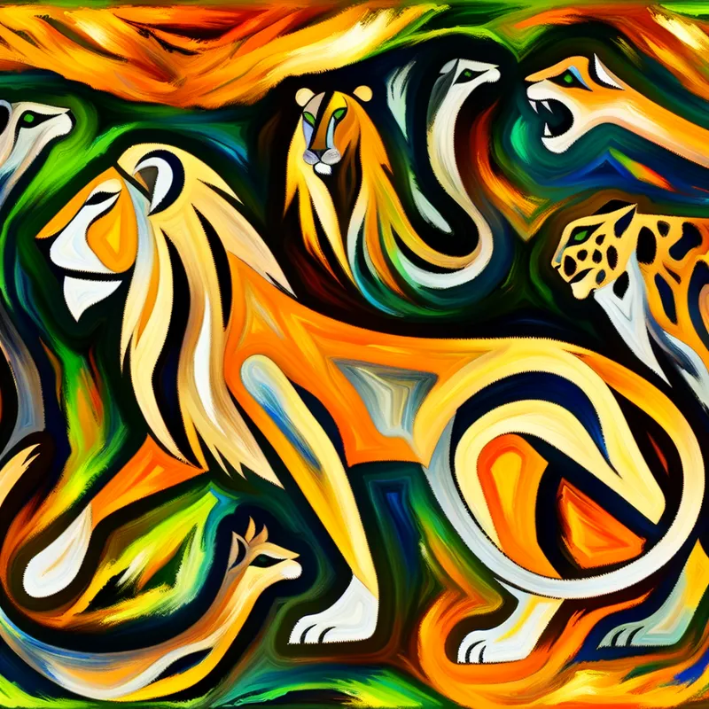 Abstracte illustratie van grote katachtigen zoals een leeuw, tijger en cheeta met gemeenschappelijke kenmerken, in expressieve stijl van Karel Appel