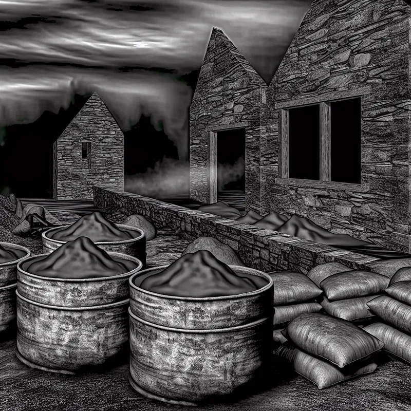 Een donkere scène van een fundering onder constructie, met grote cementzakken die hun inhoud verspillen, omlijst door mist en schaduwen.