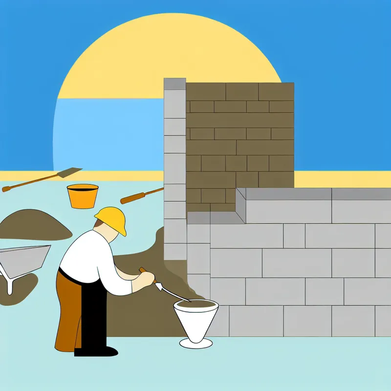 Een minimalistische illustratie van een bouwscene met een bouwvakker die cement aanbrengt op een grijze bakstenen muur.