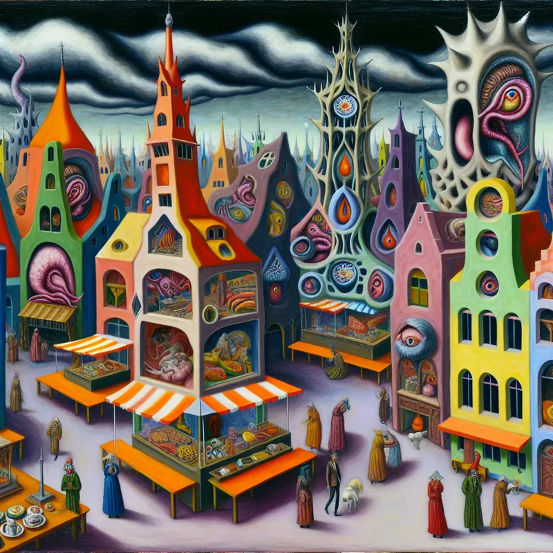 Een levendig plein vol restaurants en winkels met ongebruikelijke architectuur en fantasierijke wezens