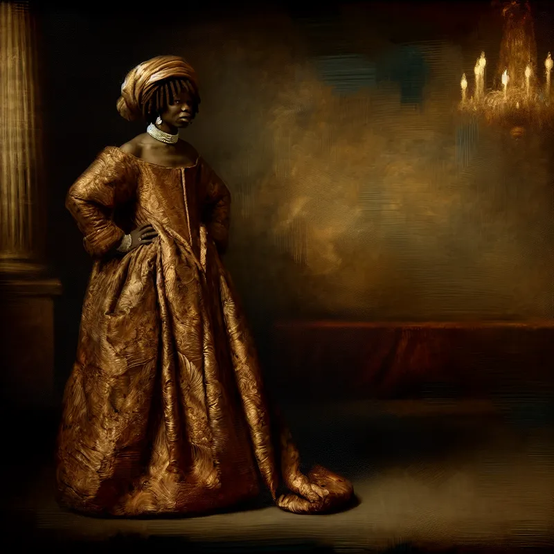 Vrouw in een luxueus ceremonieel gewaad met rijke stof en dramatische belichting in Rembrandt-stijl