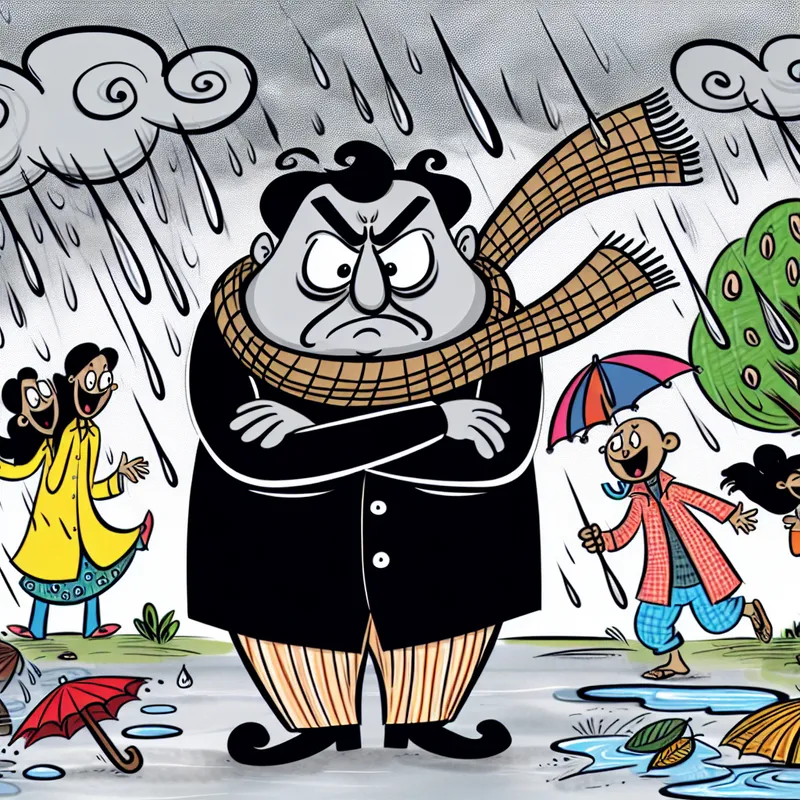 Een cartoonfiguur klaagt op dramatische wijze over het weer, met een frons, armen over elkaar, terwijl het regent met vrolijke personages in regenjassen op de achtergrond.