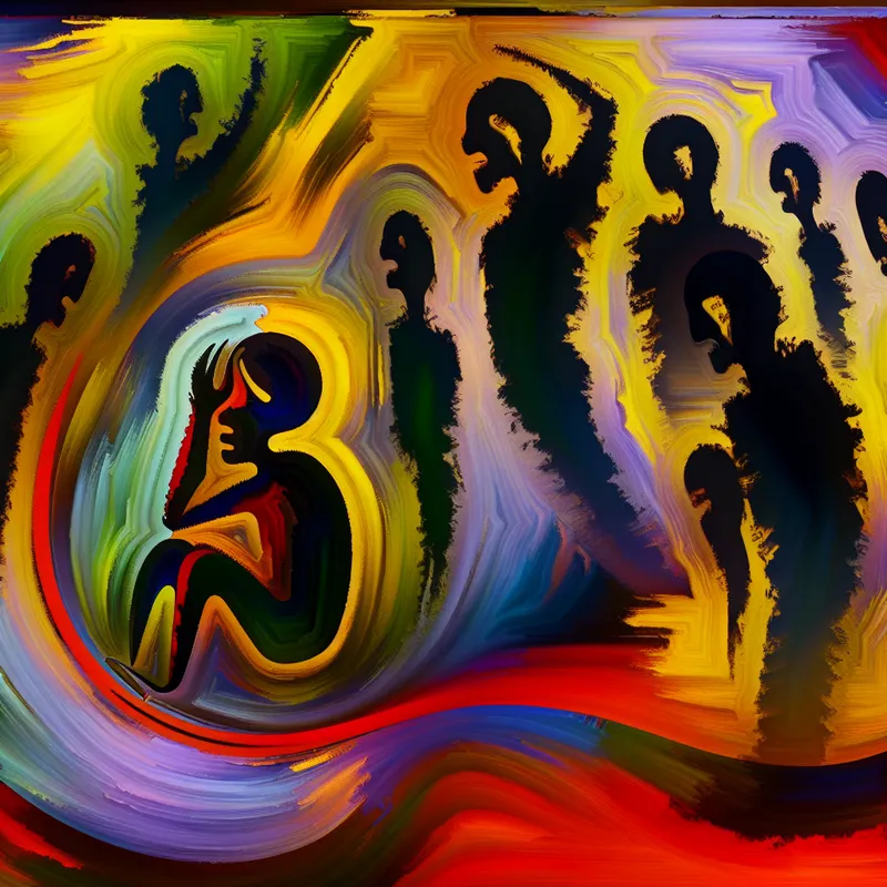 Abstracte compositie van een persoon omringd door schaduwachtige figuren die negatieve oordelen symboliseren.