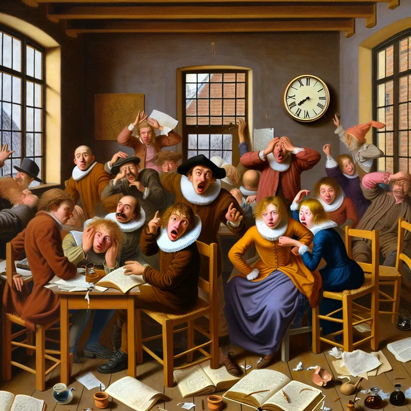 Groep studenten in een klaslokaal, in een frustrerende situatie met open boeken en papieren, buiten regent het, tijd vliegt.