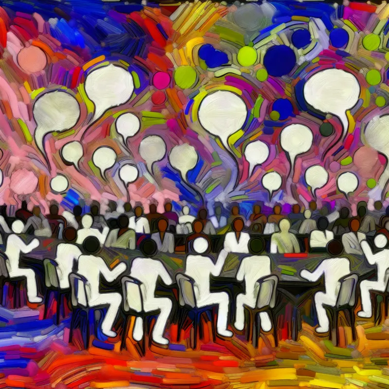 Abstracte afbeelding van een drukke koffiebar met mensen die enthousiast praten, omringd door kleurrijke spraakwolken vol nonsens.