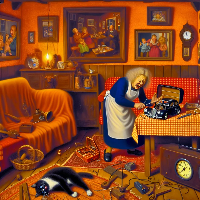 Frustrated person fixing a broken car model in a cozy living room, with a playful cat and family pictures.