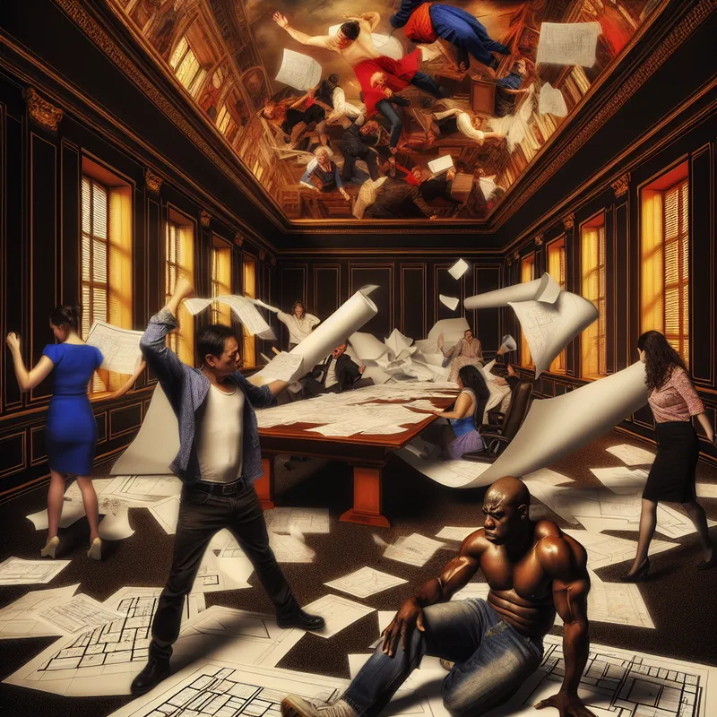 Een chaotische projectplanningsruimte met gefrustreerde mensen en verspreide papieren