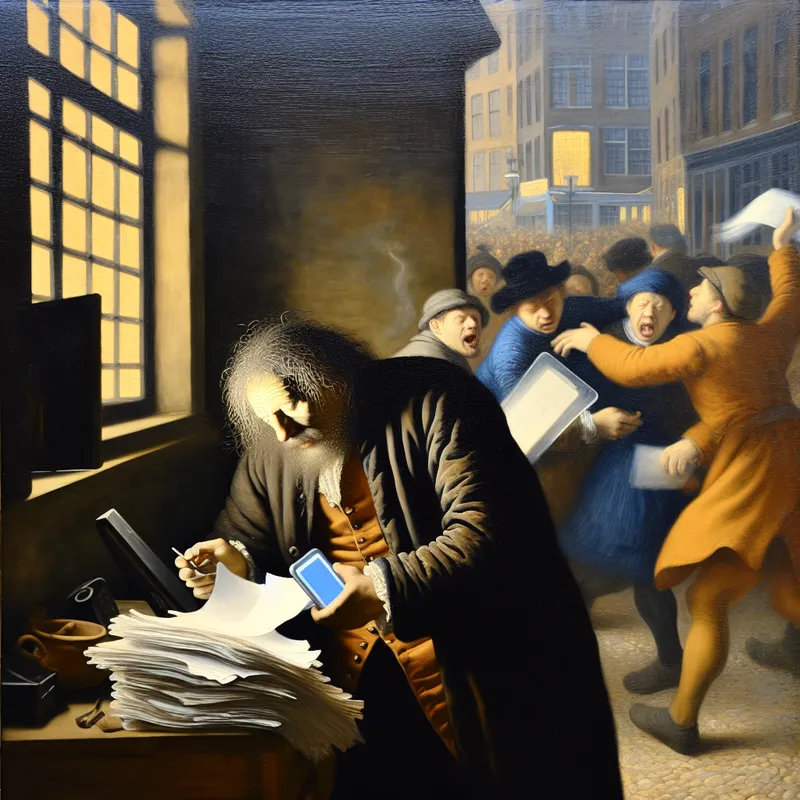 Een vermoeide persoon die multitaskt met een telefoon en laptop, omringd door papieren in een drukke stad.