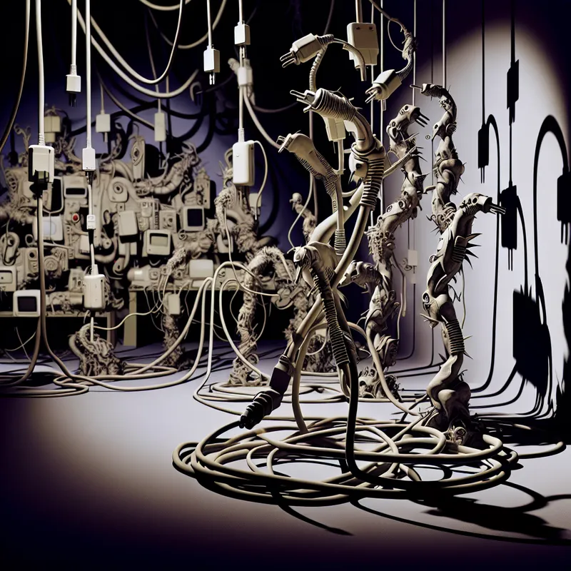 Een surrealistisch beeld van een wirwar van opladerdraden en bizarre wezens in een chaotische werkruimte.