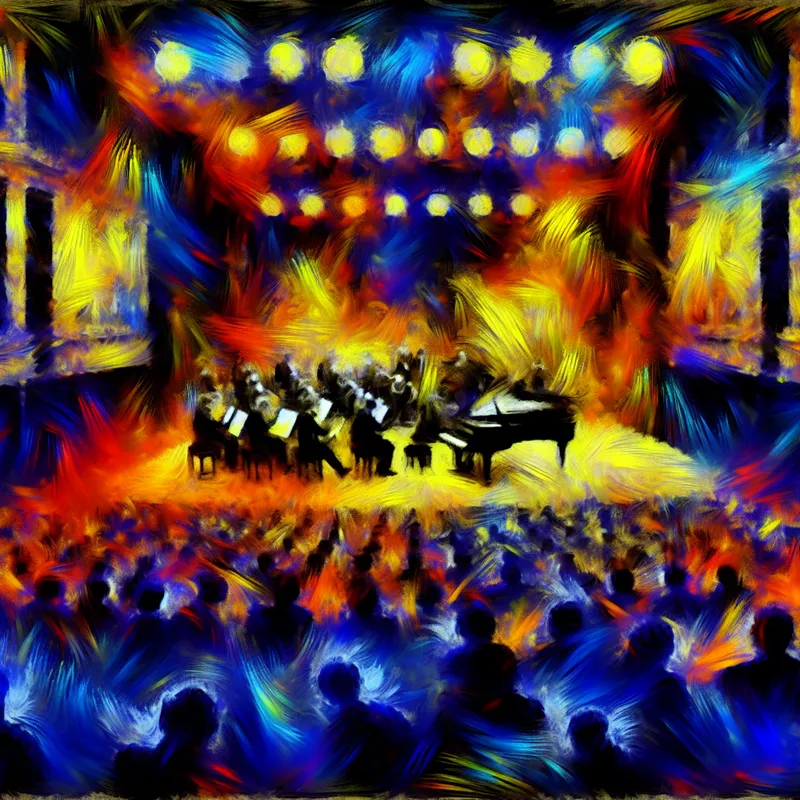 Abstracte voorstelling van een chaotisch concert met wilde kleuren en vervormde figuren, geïnspireerd op de stijl van Karel Appel