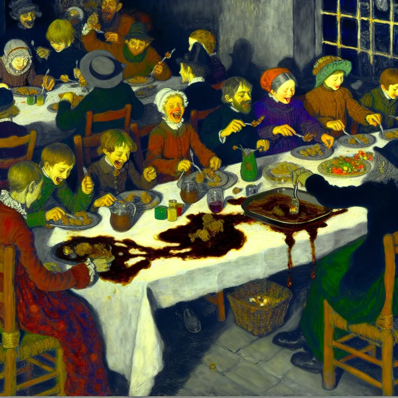 Een chaotische eet scène met kinderen die enthousiast en zonder bestek een maaltijd genieten, waarbij voedsel overal gemorst is.