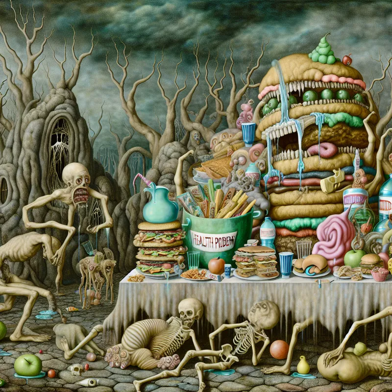 Een surrealistisch tafereel met een chaotisch feest vol met enorme ongezonde voedingsmiddelen zoals grote snoepjes, vette fastfood en suikerhoudende dranken op een tafel van skeletten, met bizarre wezens die slechte gezondheid voorstellen op de achtergrond.