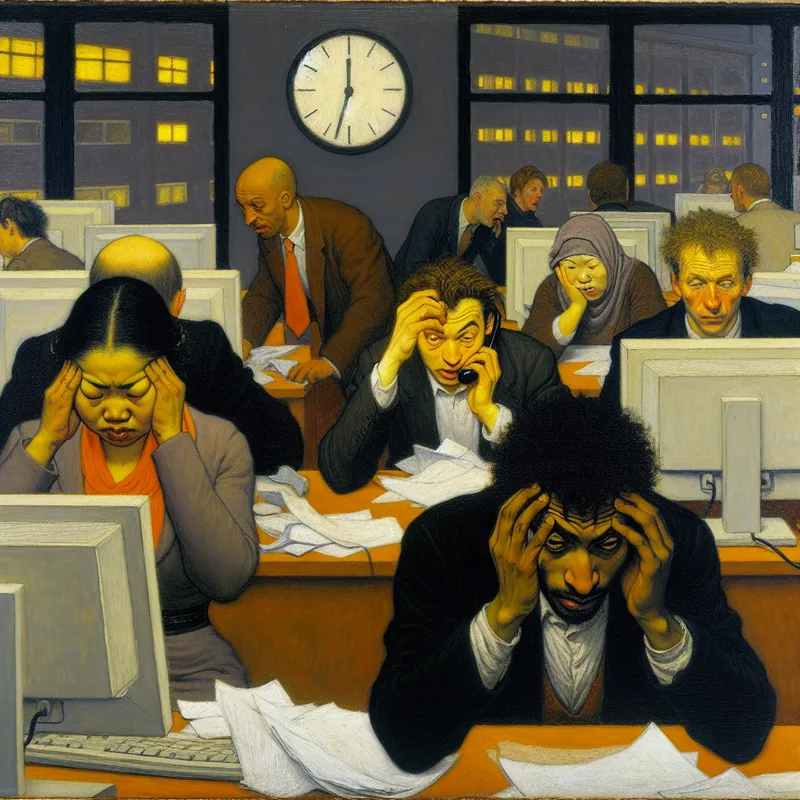 Een chaotisch kantoor met uitgeputte werknemers die laat aan een uitdagend project werken, met verspreide papieren en computers.