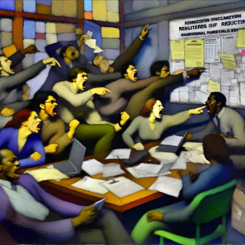 Een chaotische kantooromgeving met een diverse groep werknemers die in een staat van urgentie bezig zijn. Ze zijn om een grote tafel verzameld, omringd door papieren en laptops, terwijl een werknemer naar een kennisgevingsbord wijst.