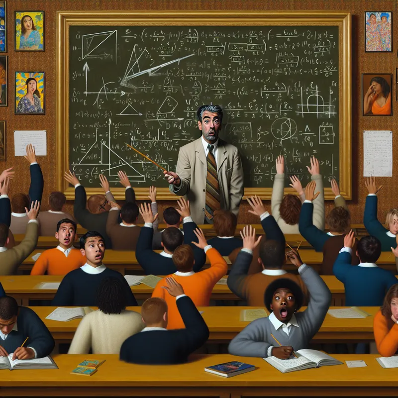 Chaotische klaslokaalsetting met overweldigde leraar en verwarrende studenten