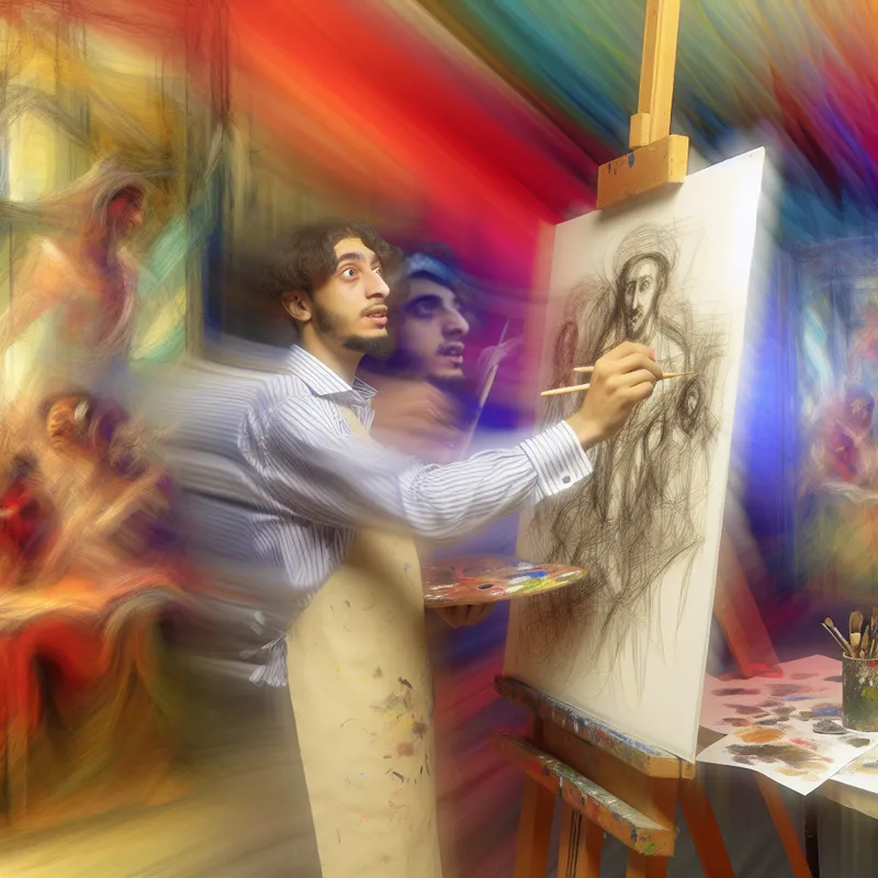 Een jonge kunstenaar schetst haastig een onvolledig plan op een groot canvas te midden van een rommelige atelieromgeving.