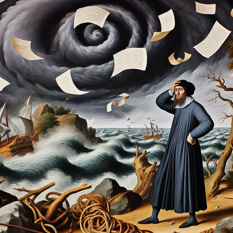 Een persoon staat perplex in een chaotische landschapsscène met donkere stormwolken en woelige golven.