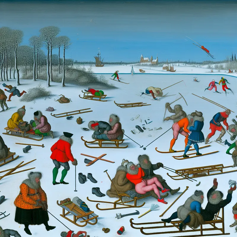 Chaos in een winterlandschap met mensen bezig rond een bevroren meer, rommelige sleetjes en een verwarrende sfeer