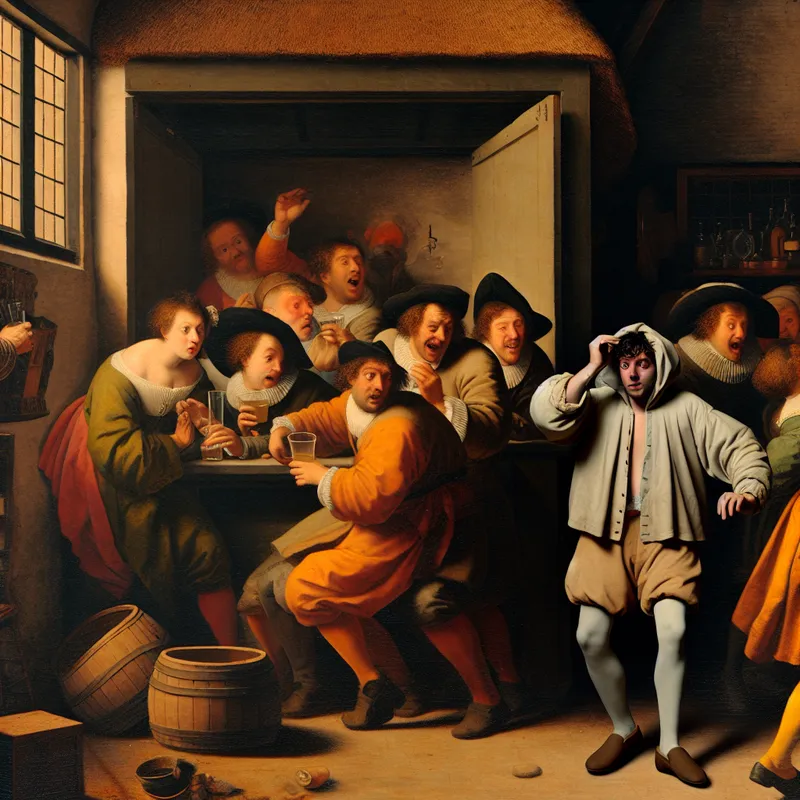 Een schaamtevolle man met een drankje in zijn hand, omringd door uitgelaten vrienden in een gezellige herberg.