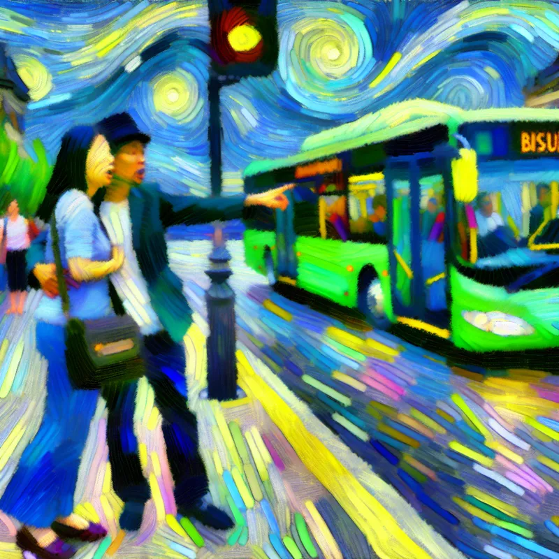 chaotische en levendige bushalte scène met een persoon die hun metgezel aanspoort te haasten naar een vertrekkende bus, in de stijl van Karel Appel