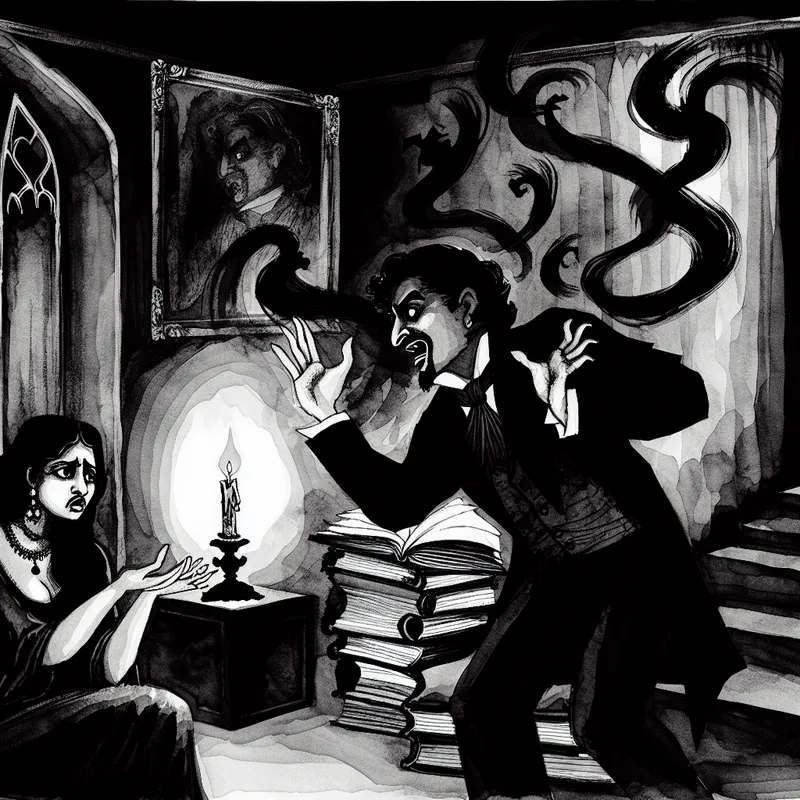 Illustratie van een chaotische discussie tussen twee figuren in een slecht verlichte kamer vol spanning en disrespect.