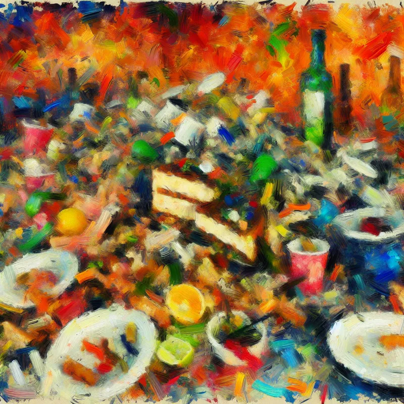 Abstracte compositie geïnspireerd door Willem de Kooning met kleurrijke feestresten op een tafel