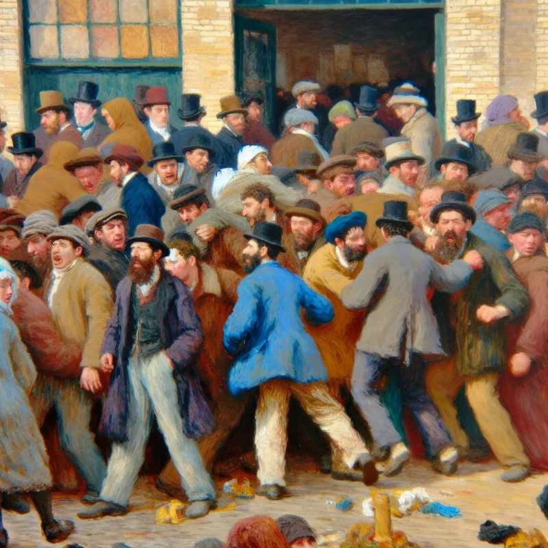 Drukke menigte mensen voor een winkel in levendige schilderstijl met chaotische energie en expressieve gezichten