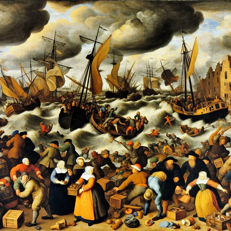 Drukke haven met woelig weer en schepen die worden vastgezet door zeelieden, onder donkere wolken.