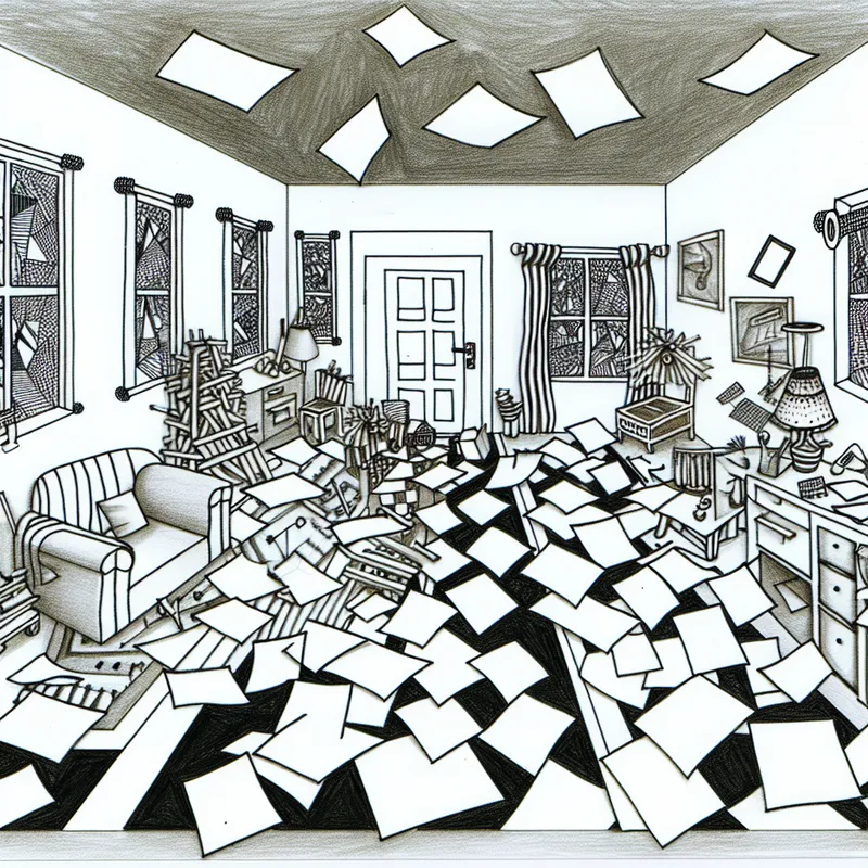 Illustratie van een chaotische en rommelige kamer vol met puinhoop, symboliserend een staat van 'grouw'.