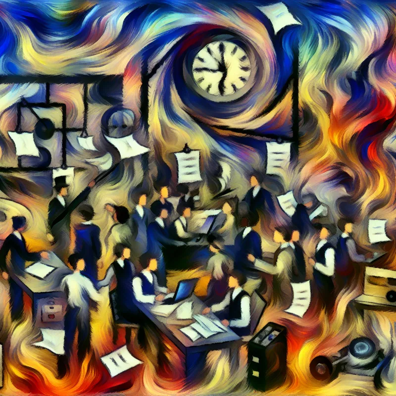 Abstracte compositie van een chaotische kantooromgeving met werknemers die in gesprek zijn, omringd door papieren en klokken.
